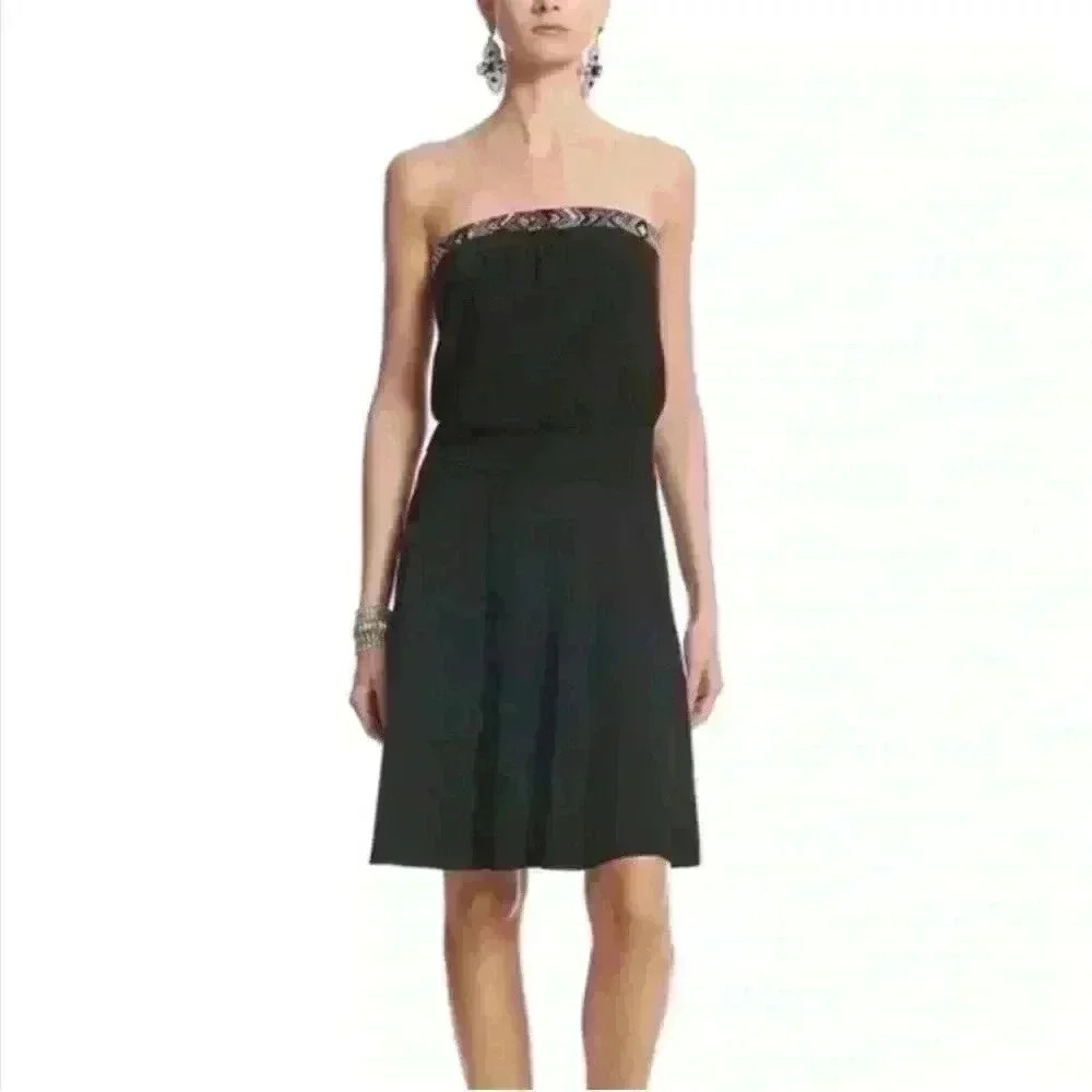 White House Black Market NWT Black Strapless Mini Dress w/ Beaded Border Size XS